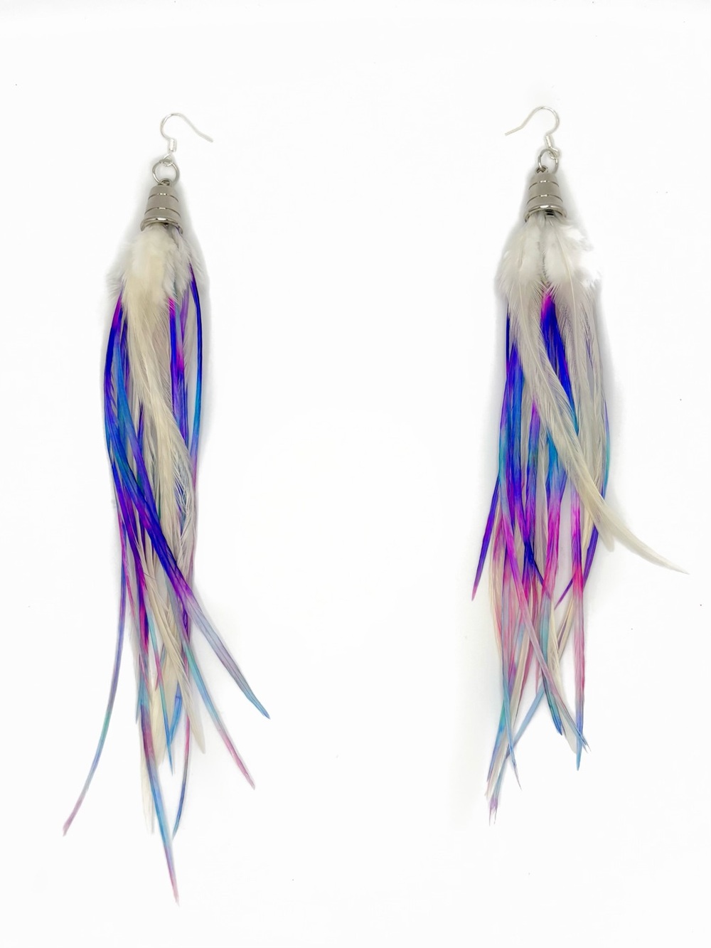 Long Feather Dangle Earrings in White, Blue,pink & Purple